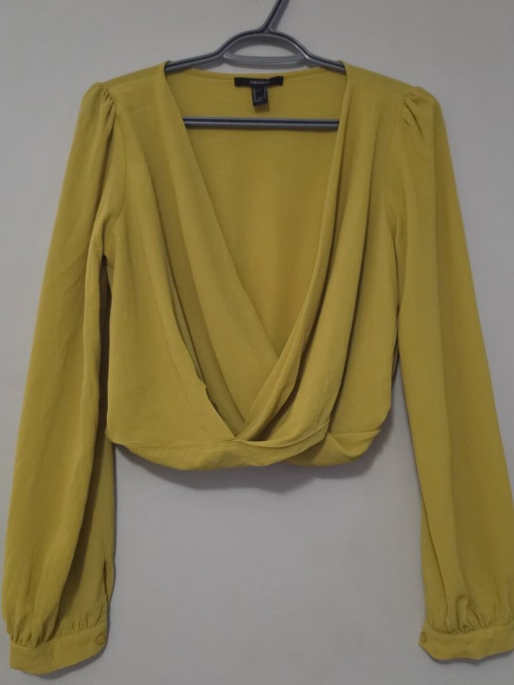 Forever 21 Mustard Yellow Long Sleeve Cross-Front Faux Surplice Crop Top